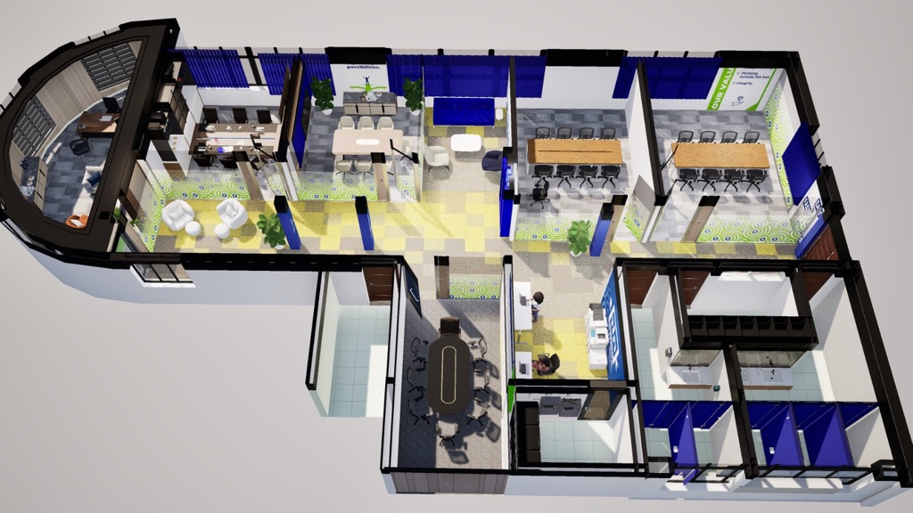 Triasnrg office floor plan, full 3D isometric view