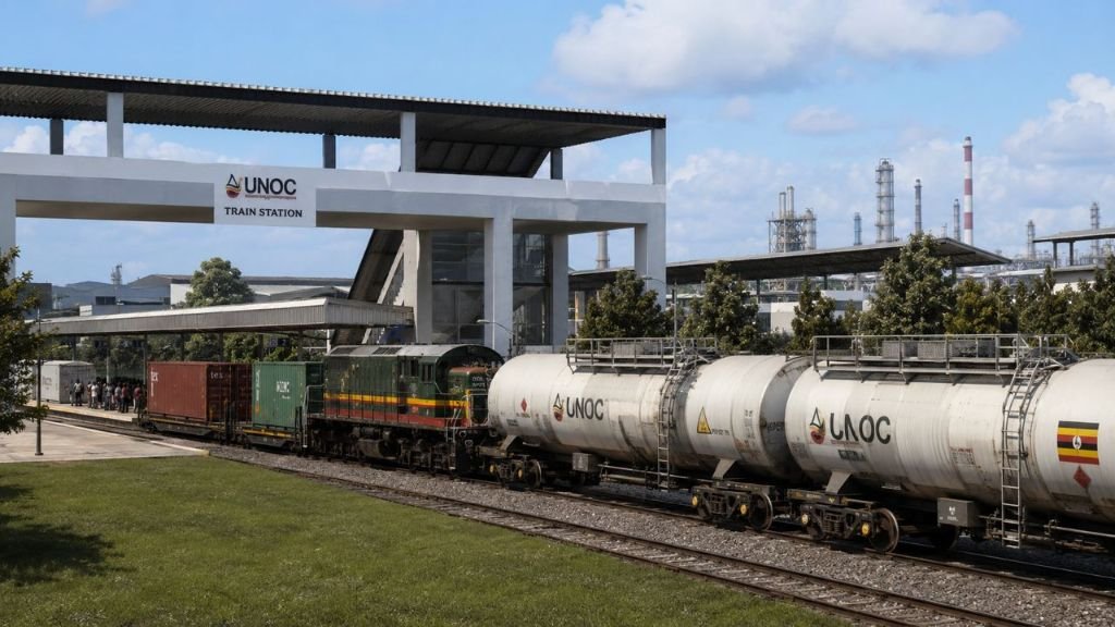 UNOC Train Station with freight train at Kabalega Industrial Park