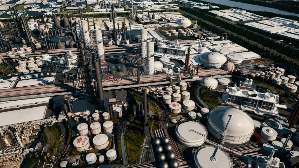 Aerial render of the KIP oil refinery complex