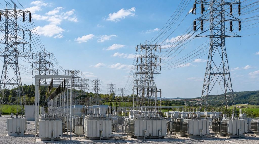 Power substation and transmission towers, daytime