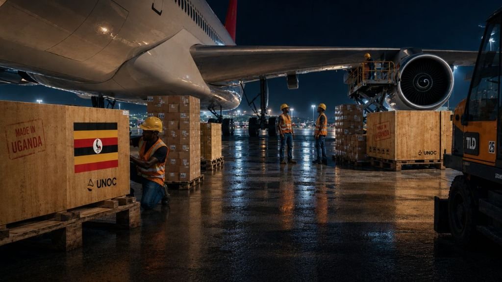 Airport cargo loading at night, Made in Uganda / UNOC export boxes