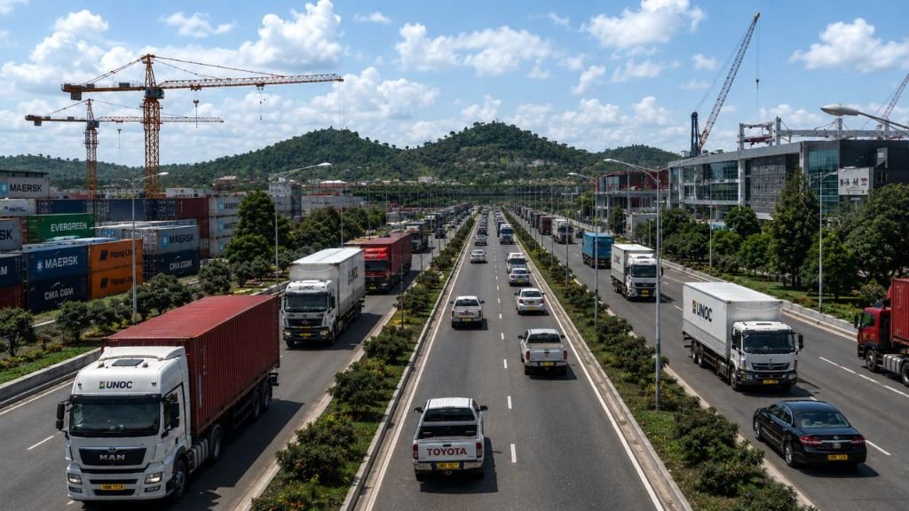 KIP main highway and logistics corridor with UNOC freight trucks
