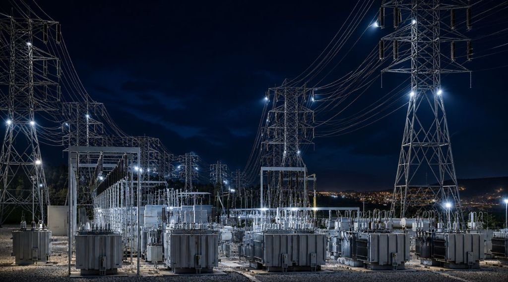 Power substation illuminated at night