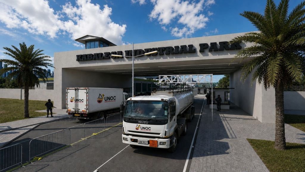 Kabalega Industrial Park main entrance gate with UNOC trucks