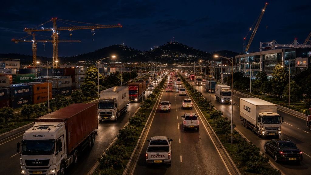 KIP main highway and logistics corridor with UNOC trucks at night