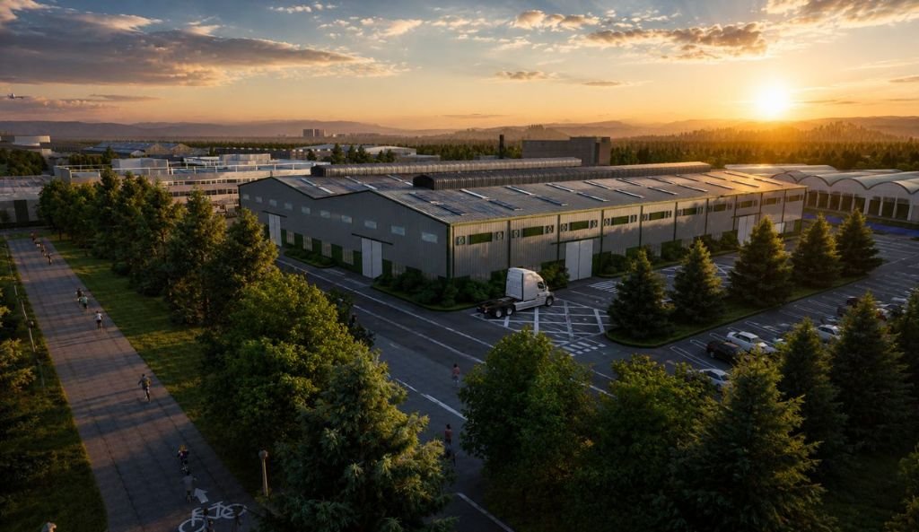 KIP industrial warehouse and logistics facility at sunset