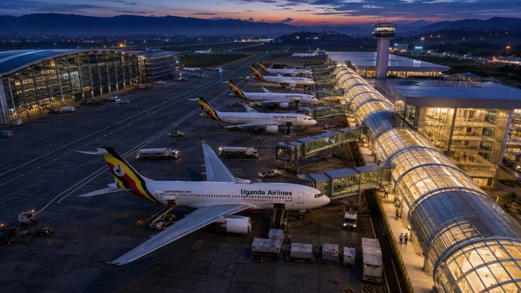 Uganda Airlines planes at Entebbe International Airport at dusk