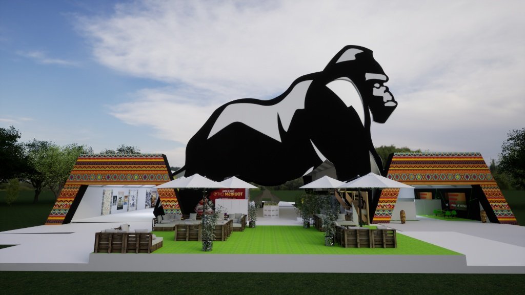 Uganda Tourism Board POATE 2023 pavilion exterior, 3D render showing gorilla silhouette structure