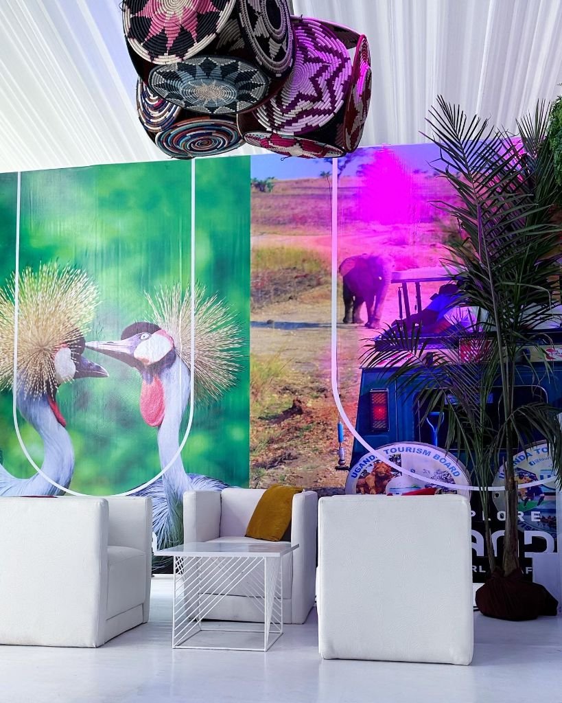 Lounge area with crowned cranes wildlife graphics